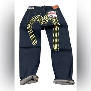 Vtg Evisu seldvage denim with gold polka-dot daicock embroidered